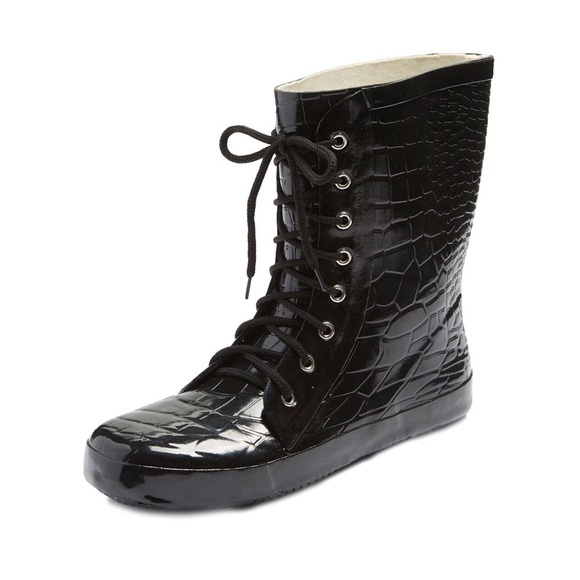 Women Rubber Rain Boots, 11" Black Crocodile Laces Booties Rainboots - Picture 3 of 4